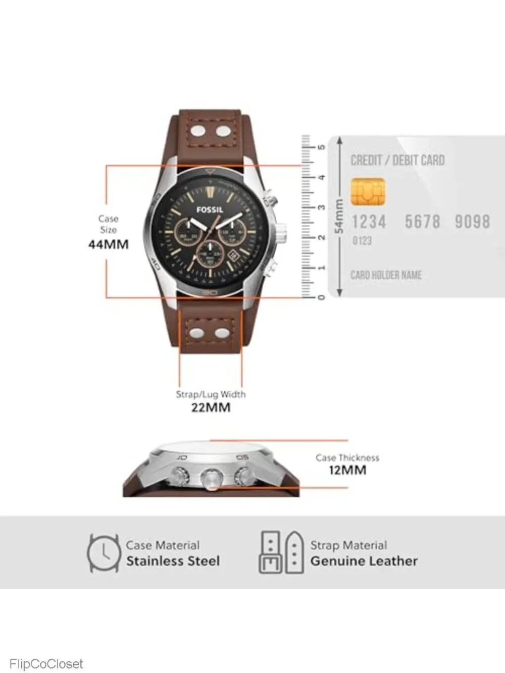 Men's Quartz Chronograph Leather Watch 44mm Stainless Steel